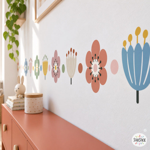 Cenefa autoadhesiva con flores en tonos Boho| Decoración infantil