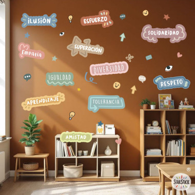 Vinil educatiu de valors i motivació en tons clars – Mural decoratiu escoles