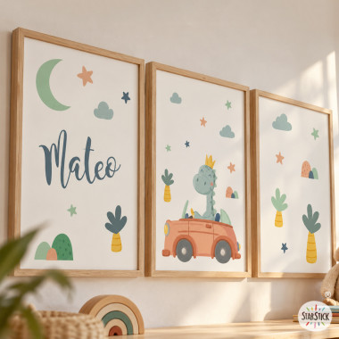 3 Quadres infantils - Cotxe amb dinosaure - Decoració personalitzable per a nadons
