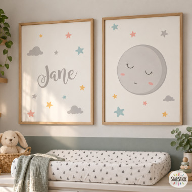 Pack de 2 cuadros infantiles decorativos. Luna llena con estrellas