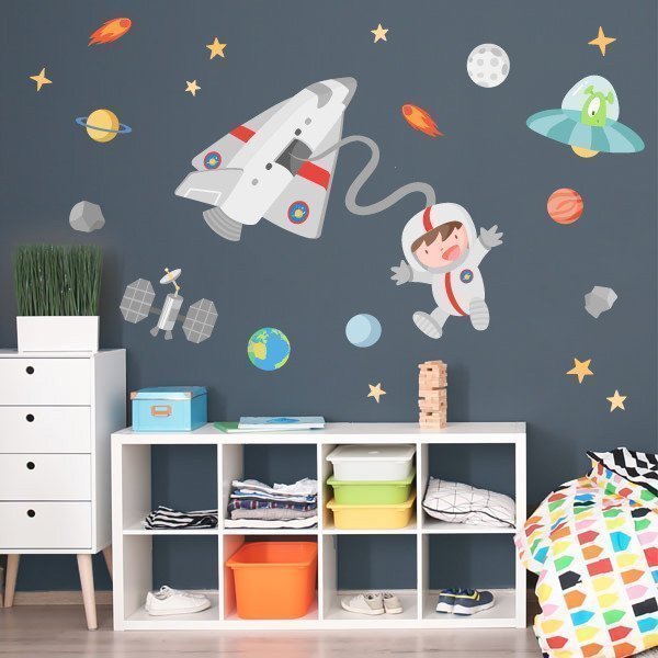 Sticker mural pour garçons et filles - Astronaute dans l'espace - Décoration pour enfants