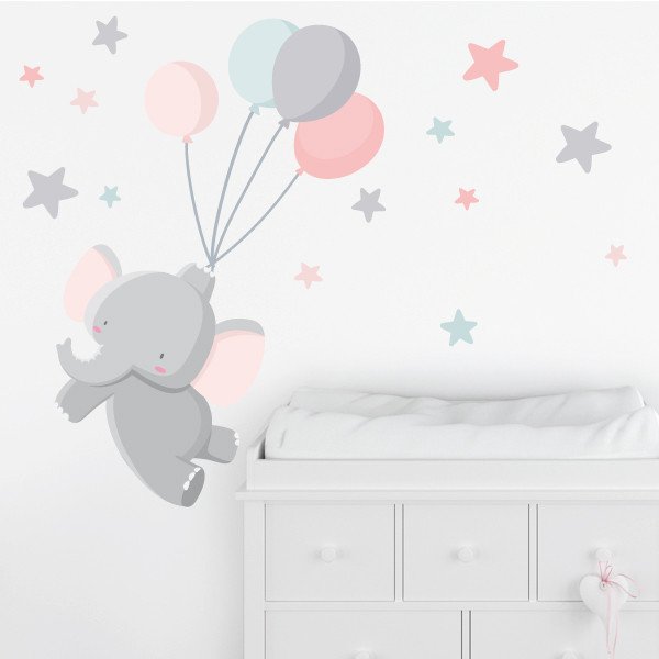 Vinilo infantil bebé niña - Elefante con globos - Rosa