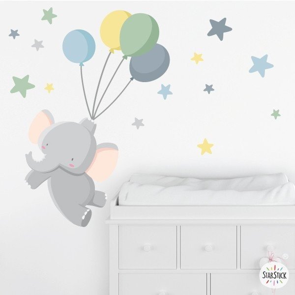 Vinilo bebé niño El pequeño elefante con globos Azul (*‿*) | Los mejores  Vinilos para niños y bebés| STARSTICK ® vinilos niños
