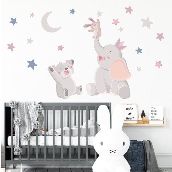 Stickers chambre bébé - Animaux touchant la lune - Rose