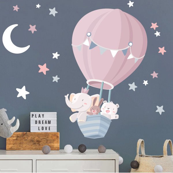 Sticker mural bébé enfant - Animaux volant en ballon - Rose