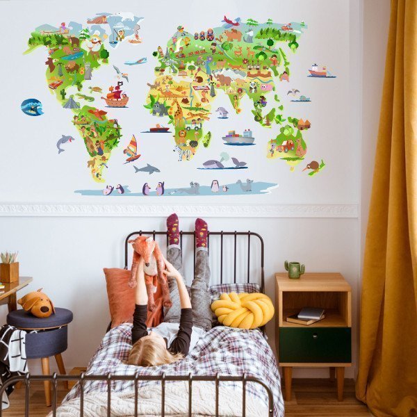 Mapa mundi infantil con dibujos - Vinilos decorativos de pared