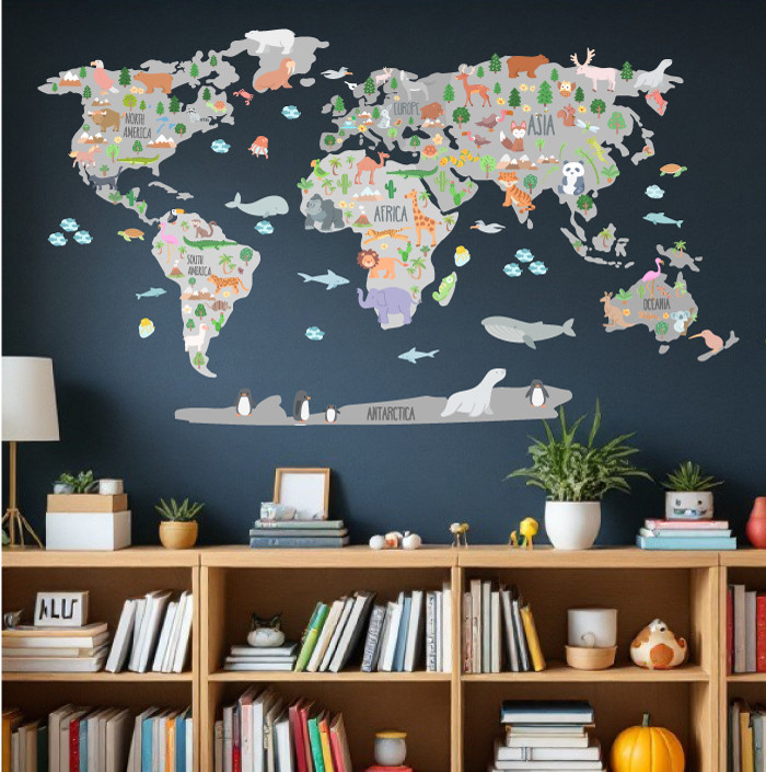 Kids world map wall decal with animals | Educational nursery decor ...