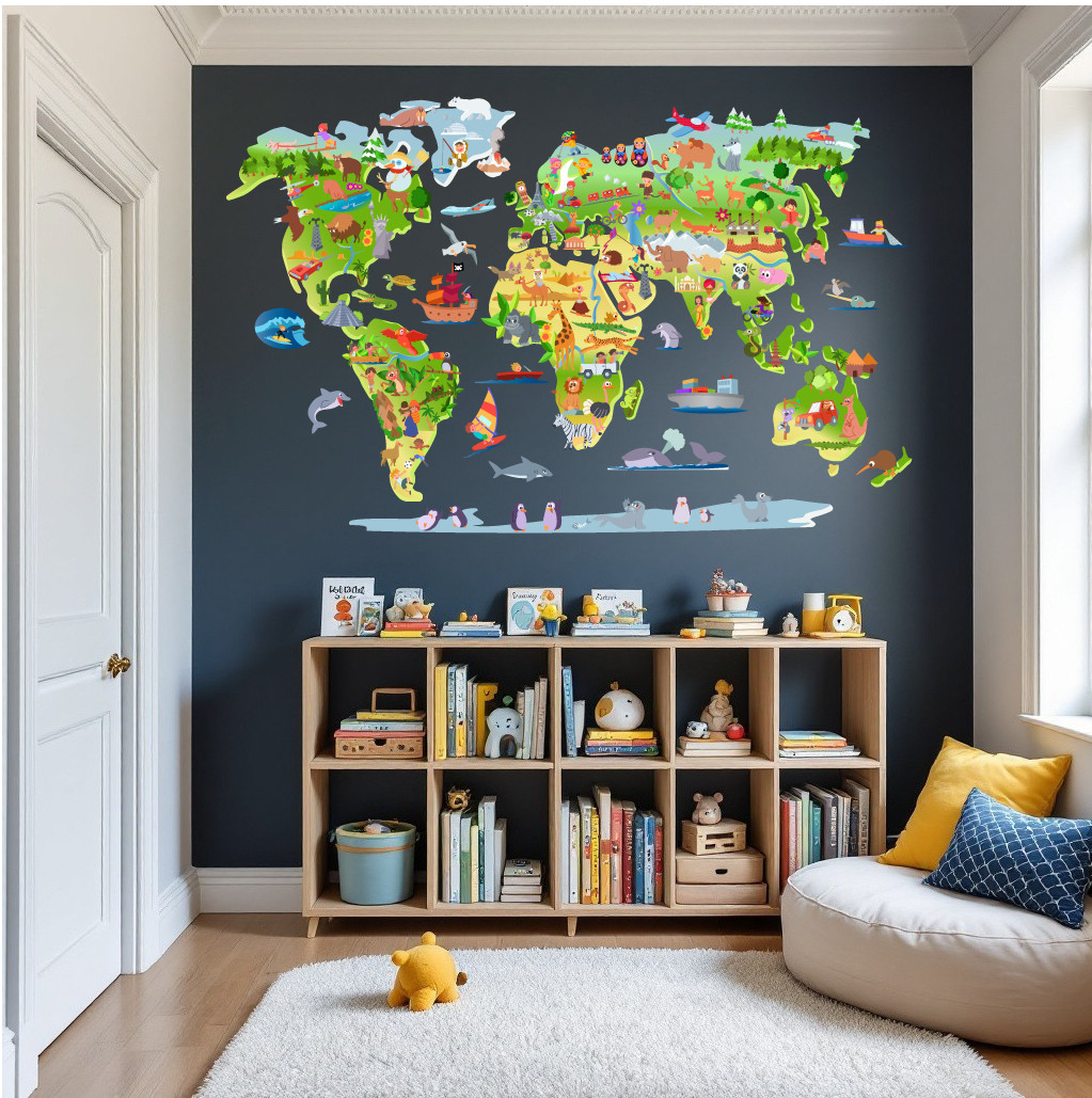 Kids world map wall sticker hand-drawn | Nursery wall decor