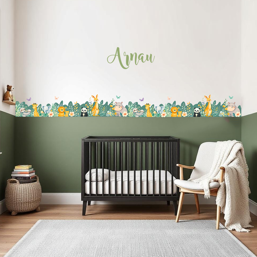 Kids Room Wall Border Sticker - 15cm X 200cm Self-Adhesive Animal Watercolor Decal, Easy Peel & Stick For Nursery Or Bedroom