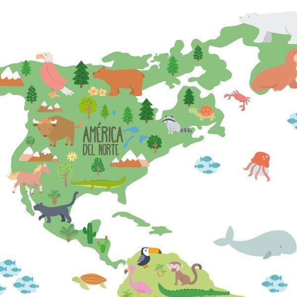 Vinilo infantil mapa mundi animales | Decoración educativa de pared