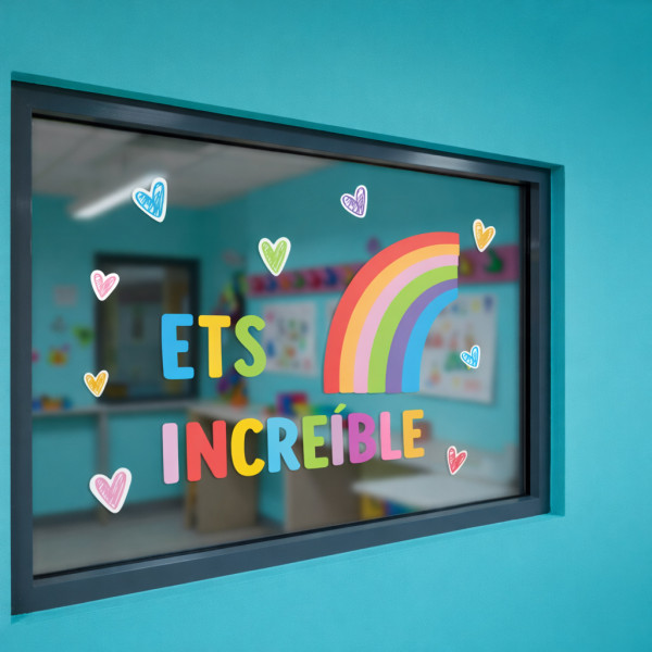 Vinil decoratiu per a finestres amb la frase “Ets increïble”, ideal per a la decoració escolar.