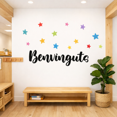 Enganxines educatives de benvinguda amb estrelles de colors per decorar aules i passadissos de centres educatius