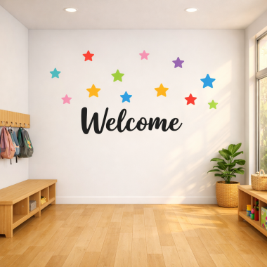 Educational welcome stickers with colorful stars to decorate classrooms and hallways in schools