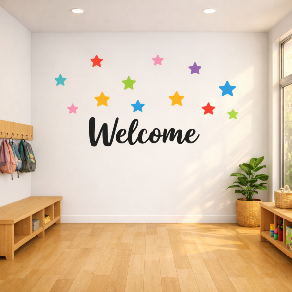 Educational welcome stickers with colorful stars to decorate classrooms and hallways in schools
