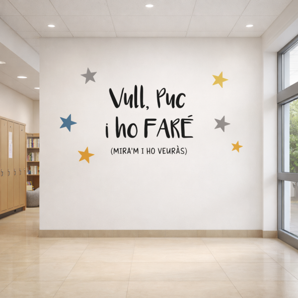 Vinil decoratiu amb la frase “Vull, puc i ho faré” envoltada d’estrelles.