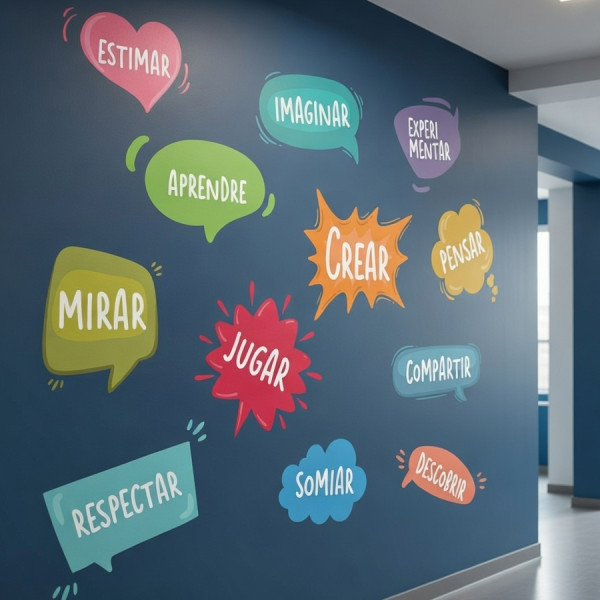 Vinil educatiu amb bafarades motivadores estil còmic per decorar aules i espais educatius