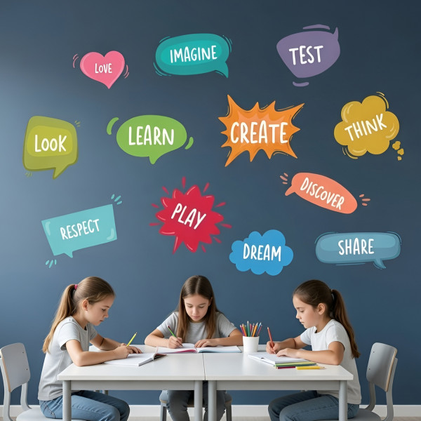 Educational wall decal with motivational comic speech bubbles for classroom and school decoration