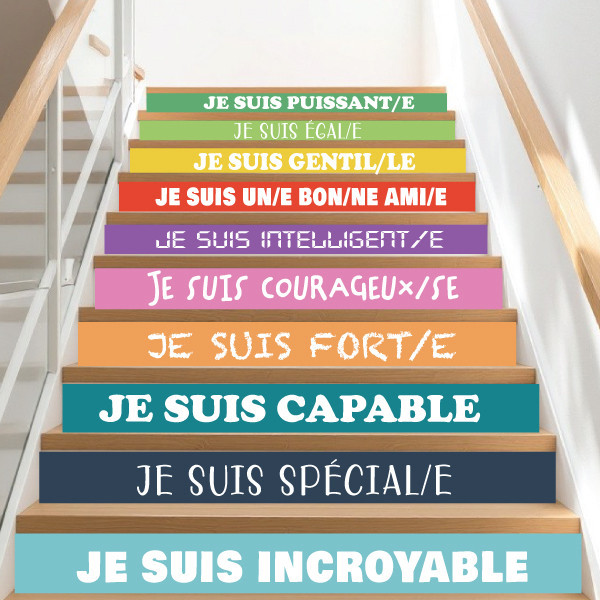 Stickers pour escaliers d’écoles. Messages d’estime de soi