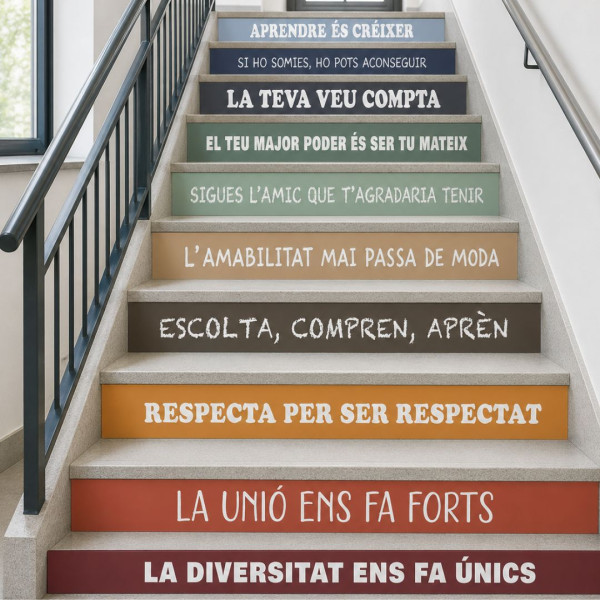 Decoració d’escales escolars. Vinils amb frases de cohesió escolar