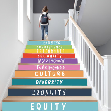 Stair decals with messages about social relationships