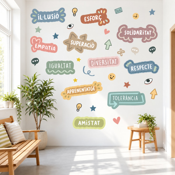 Vinil educatiu de valors i motivació en tons clars – Mural decoratiu escoles