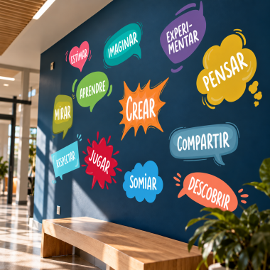 Vinil decoratiu educatiu per a escoles amb paraules motivadores i nens aprenent junts en una aula de primària