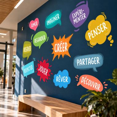 Vinyle mural éducatif pour école avec des mots motivants et des enfants apprenant ensemble en primaire