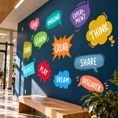 Educational wall decal for primary schools with inspiring words and children learning together in a classroom