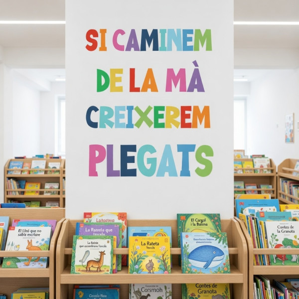 Vinil decoratiu amb la frase Si caminem de la mà, creixerem junts per decorar escoles amb missatge positiu.