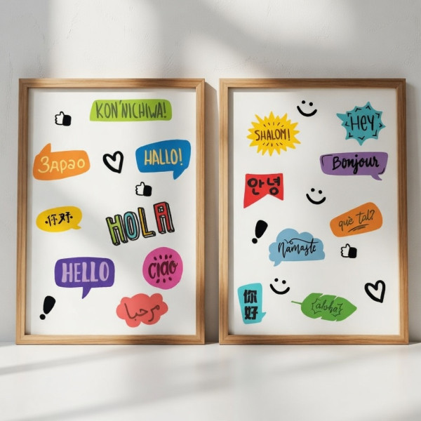 Pack 2 quadres “Hola en diferents idiomes” – Decoració multicultural per escoles
