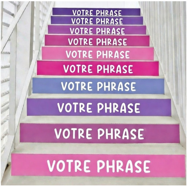 Autocollants personnalisés pour escaliers avec marches en tons lavande | Choisissez vos 10 phrases