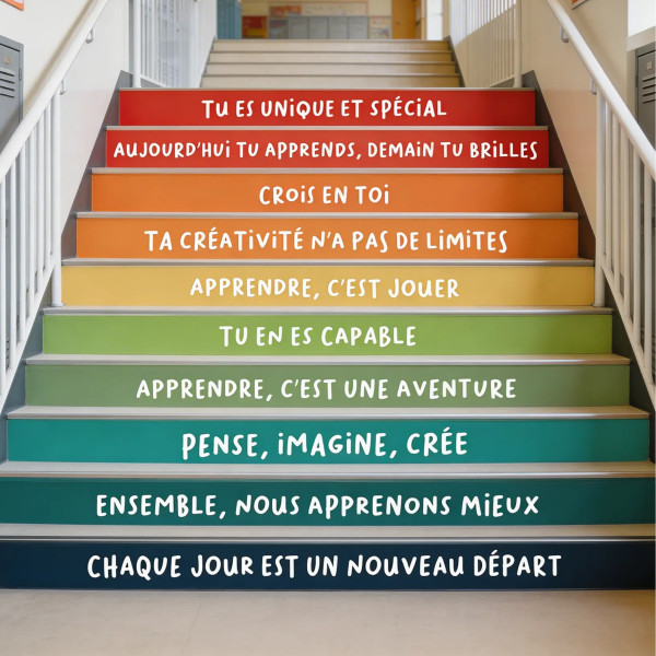 pour escaliers scolaires avec des phrases Montessori pour une décoration éducative dans les écoles et les espaces pour enfants.