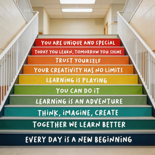 Staircase vinyls for schools with Montessori phrases for educational decoration in schools and children’s spaces.